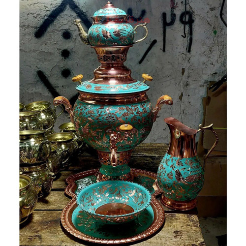 سرویس 5 تکه سماور مسی 6 لیتری قلم تراش گل و مرغ با کیفیت درجه 1