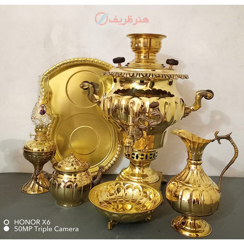 سرویس 6 پارچه سماور ذغالی برنجی هشتی لبه ریخته، طرح سیری، فوق سنگین