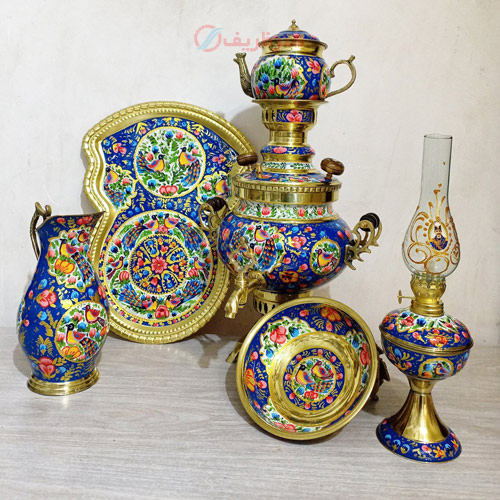 سرویس 6 پارچه سماور ذغالی برنجی میناکاری بسیار زیبا، تمام نقاشی