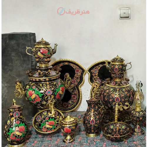 سرویس کامل سماور زغالی برنجی میناکاری 6 لیتری، قلم گل و مرغ