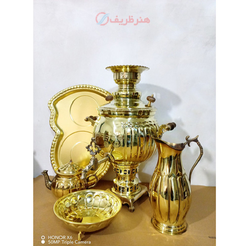 سرویس 5 پارچه سماور ذغالی برنجی، 6 لیتری، توپی سنگین