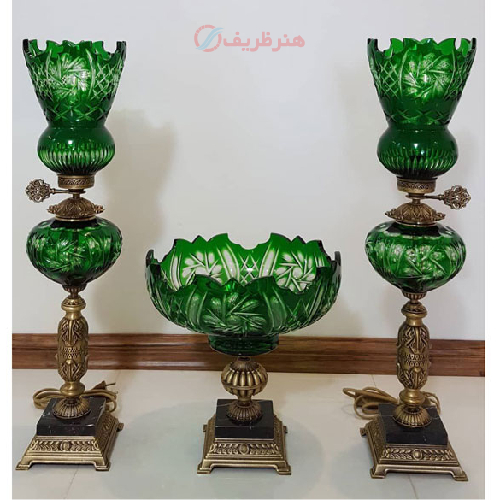 ست چراغ و میوه خوری کریستال سبز قطعات تمام برنج_ هنرظریف