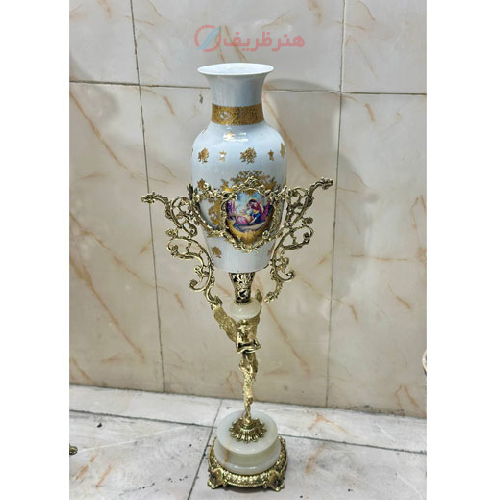 گلدان کنار سالنی برنزی چینی طلا کوب پایه سنگی_ هنرظریف