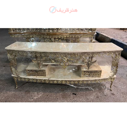 میز تلویزیون نیم گرد برنزی طرح سیمرغ دو کشو_ هنرظریف