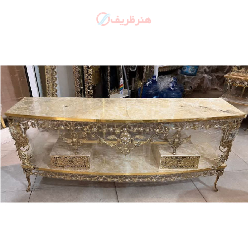 میز تلویزیون برنزی نیم گرد طرح سیمرغ دو کشو با حاشیه گل_ هنرظریف