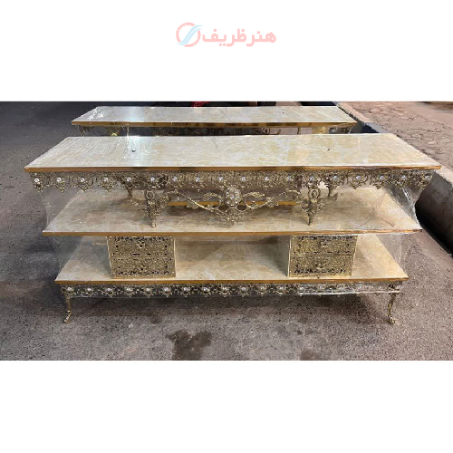 میز تلویزیون برنزی چهار کشو حاشیه گل دار_ هنرظریف