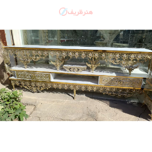 میز تلویزیون برنزی طرح سیمرغ و فرشته دو کشو