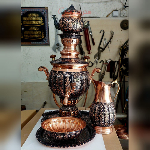 سماور ۴ لیتری مسی با سرویس پخدار مدل الماس تراش نانو _ هنرظریف
