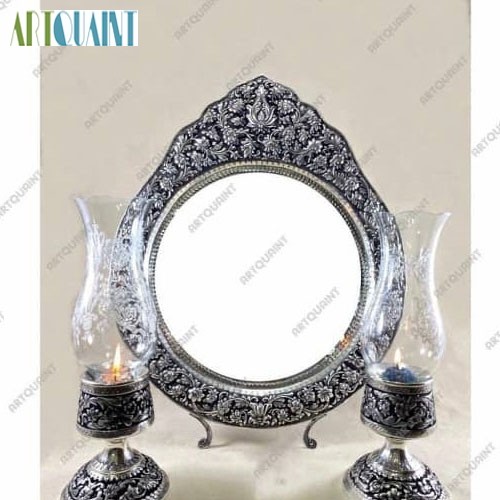 آینه شمعدان نقره قلم دست اعلاء عیار 925، سیاه قلم