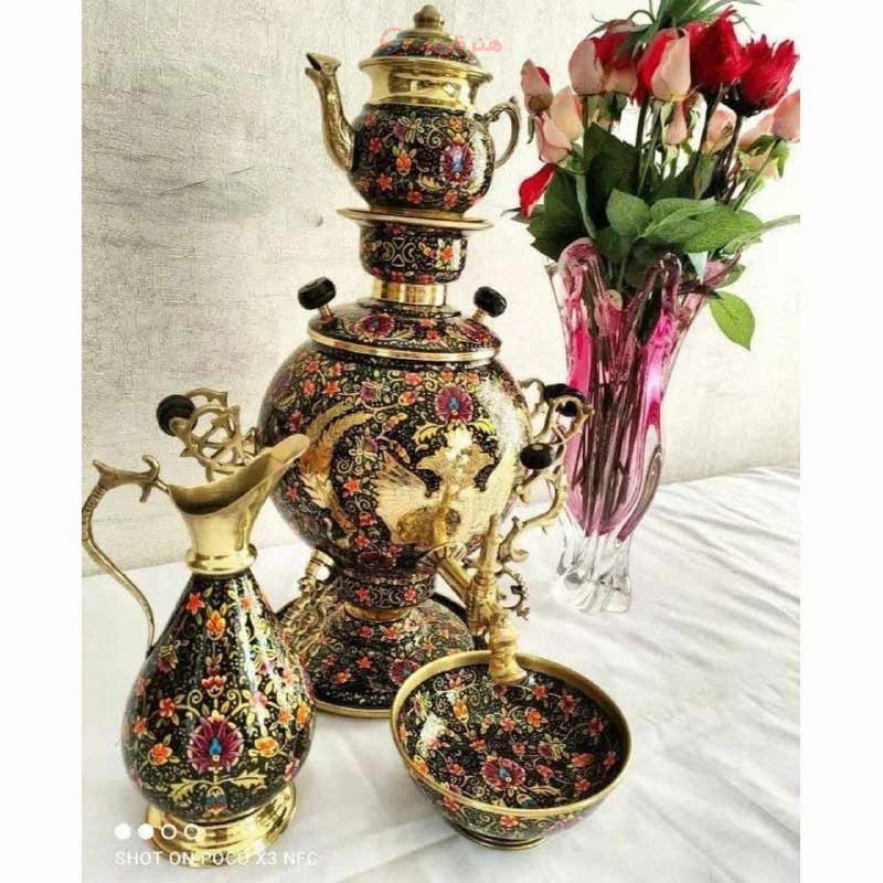 سرویس سماور زغالی 6 لیتری برنجی میناکاری، سنگین وزن، مدل روسی