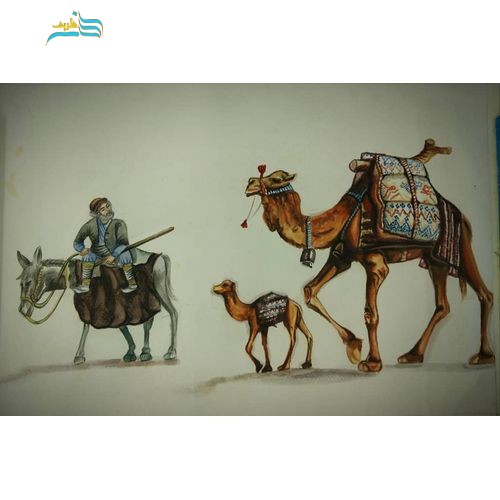 نقاشی آبرنگ کاروان شتر، دارای قاب پلیمری مشکی، با کیفیت بسیار بالا - هنرظریف