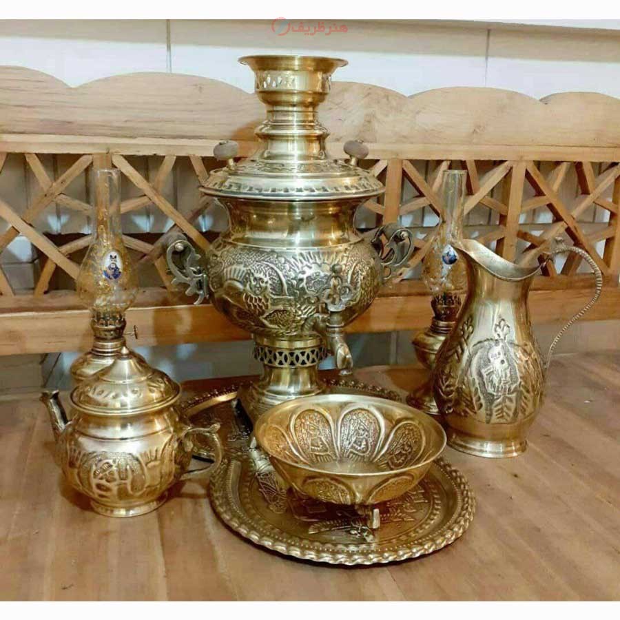 سماور ذغالی 7 لیتری با سرویس کامل، تمام برنج خالص، قلمزنی دست، ضخیم و قابل استفاده - هنرظریف