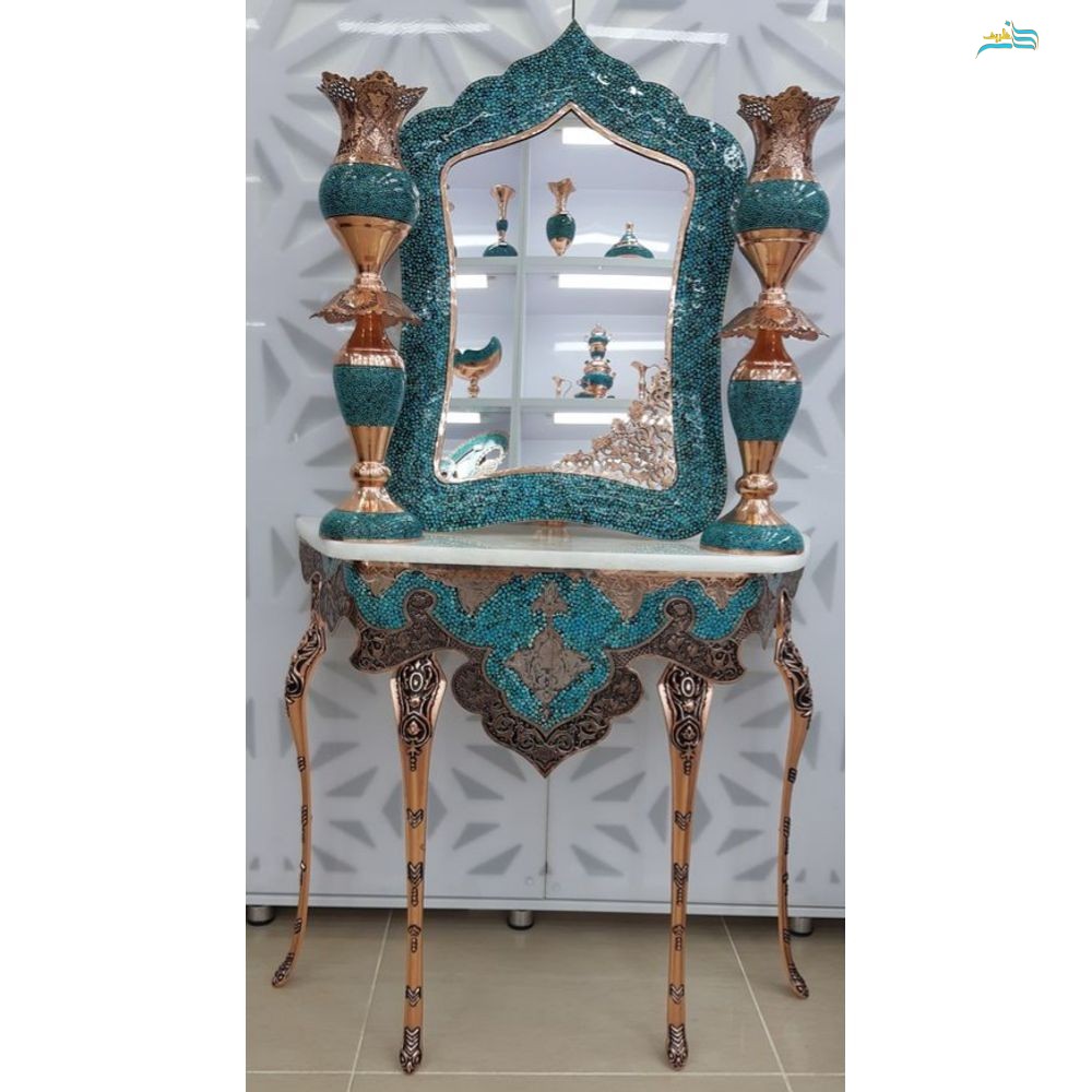 ست آینه، لاله و میز کنسول  فیروزه کوبی و قلم زنی شده برند پرنسا