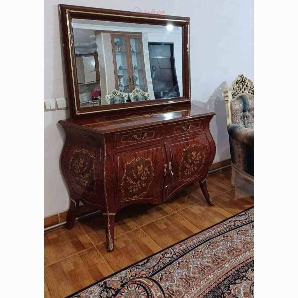 آینه کنسول خمره ای دو در، چوب روس، روکش کاواز، معرقکاری شده، برنز برنج، داخل درب دو طبقه - هنرظریف