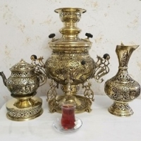 خرید، قیمت و مشخصات سماور برنجی 6 لیتری عدسی سه پایه مشابه روسی، ریز قلم، سفارشی و با کیفیت | هنرظریف