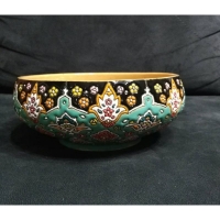 خرید، قیمت و مشخصات پیاله بزرگ میناکاری لعاب برجسته با رنگ زمینه سبز سنتی و مشکی، قابل شستشو | هنرظریف