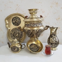 خرید، قیمت و مشخصات سرویس سماور برنجی زغالی ٦ لیتری طرح گل و مرغ با قلم دست، زیر قیمت بازار | هنرظریف