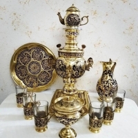 خرید، قیمت و مشخصات سرویس سماور زغالی 3 لیتری توپی، دسته توری، طرح گل و مرغ به قیمت تولیدی - هنرظریف
