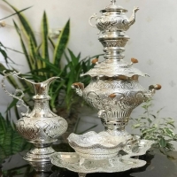 خرید، قیمت و مشخصات سرویس سماور برقی و زغالی برنجی 5 لیتری با آبکاری نقره به قیمت تولیدی - هنرظریف