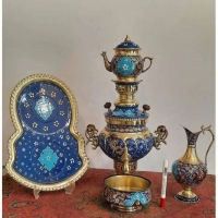 خرید و قیمت سرویس سماور برنجی با نقاشی دست 3 لیتری، مدل عدسی و دسته توری - هنرظریف