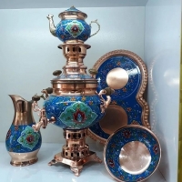 خرید و قیمت سرویس سماور مسی 5 لیتری با نقاشی دست و روکش پلی استر و رنگ ثابت - هنرظریف