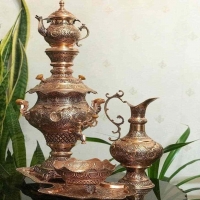 خرید، قیمت و مشخصات جدیدترین سرویس سماور تمام مسی ذغالی ۶ لیتری - هنرظریف