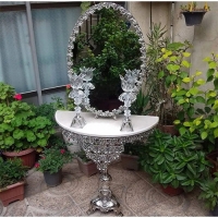 خرید آنلاین، سرویس کامل آینه و شمعدان و میز کنسول آلیاژ، گل رز نقره ای رنگ ثابت، به قیمت تولیدی | هنرظریف