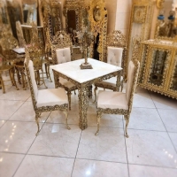 خرید، قیمت ومشخصات میز ناهار خوری 4 نفره جنس تمام برنز و رویه مرمر درجه یک و پارچه دارای رنگ بندی زیر قیمت بازار ، کیفیت عالی - هنرظریف