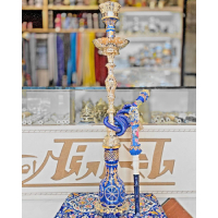 خرید، قیمت و مشخصات  قلیان برنجی گلدان دار مینا هندی قلم کاری، لبی نیم استخوان پلی استر ارزان و باکیفیت _ هنرظریف