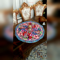 خرید، قیمت و مشخصات رومیزی گرد سوزن دوزی و آینه کاری B-6 با پارچه کتان درجه 1، دوخت با کیفیت بالا | هنرظریف
