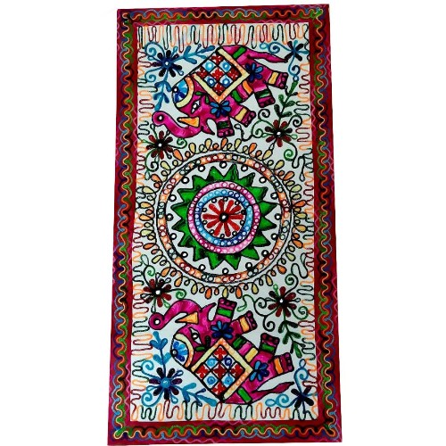 خرید، قیمت و مشخصات رومیزی مستطیل سوزن دوزی و آینه کاری با پارچه کتان قابل شستشو دارای حاشیه| هنرظریف